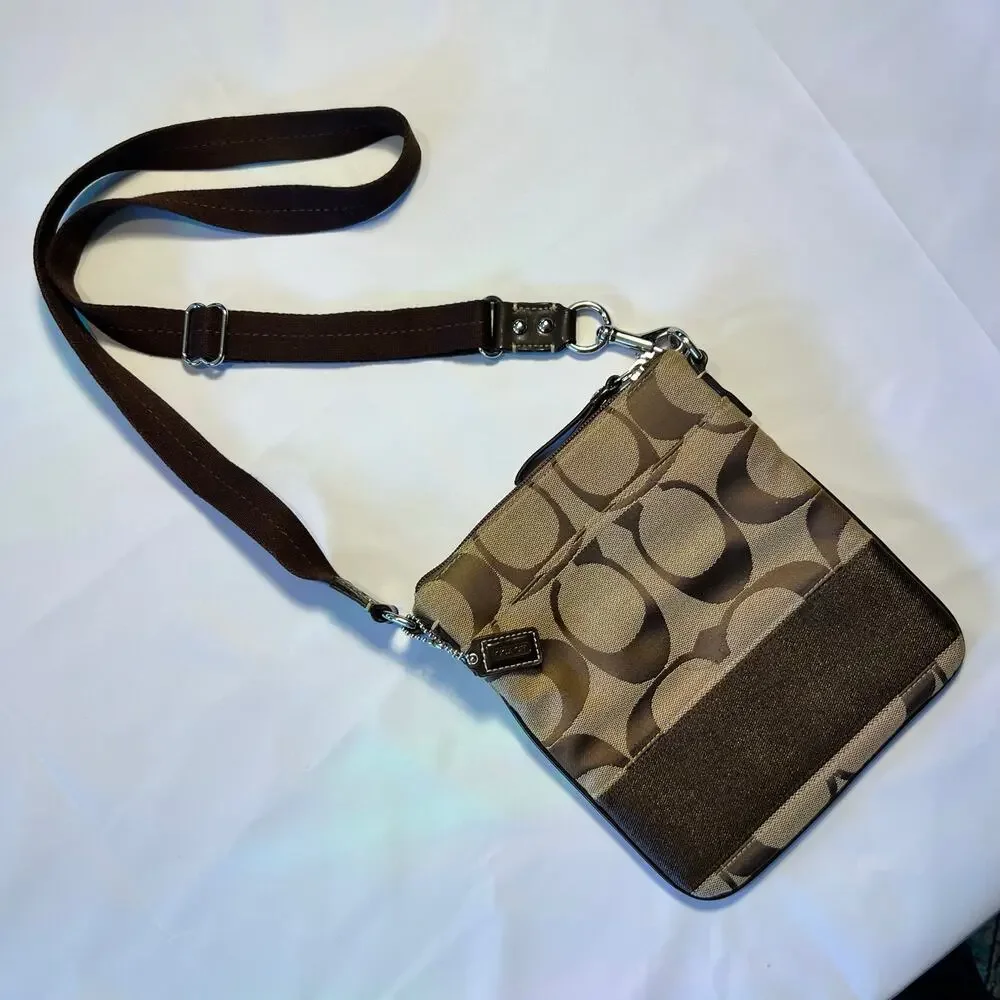 Vintage Coach Authentic Y2K Brown Tan Crossbody Purse Signature Canvas 7.5x8.5